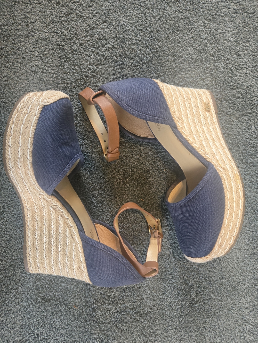 Michael Kors Navy Canvas Espadrille Wedge Sandals with Tan Ankle Strap